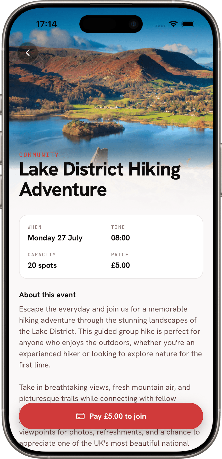 An event page for a Lake District group hike, with the date, capacity, price and a pay-to-join button