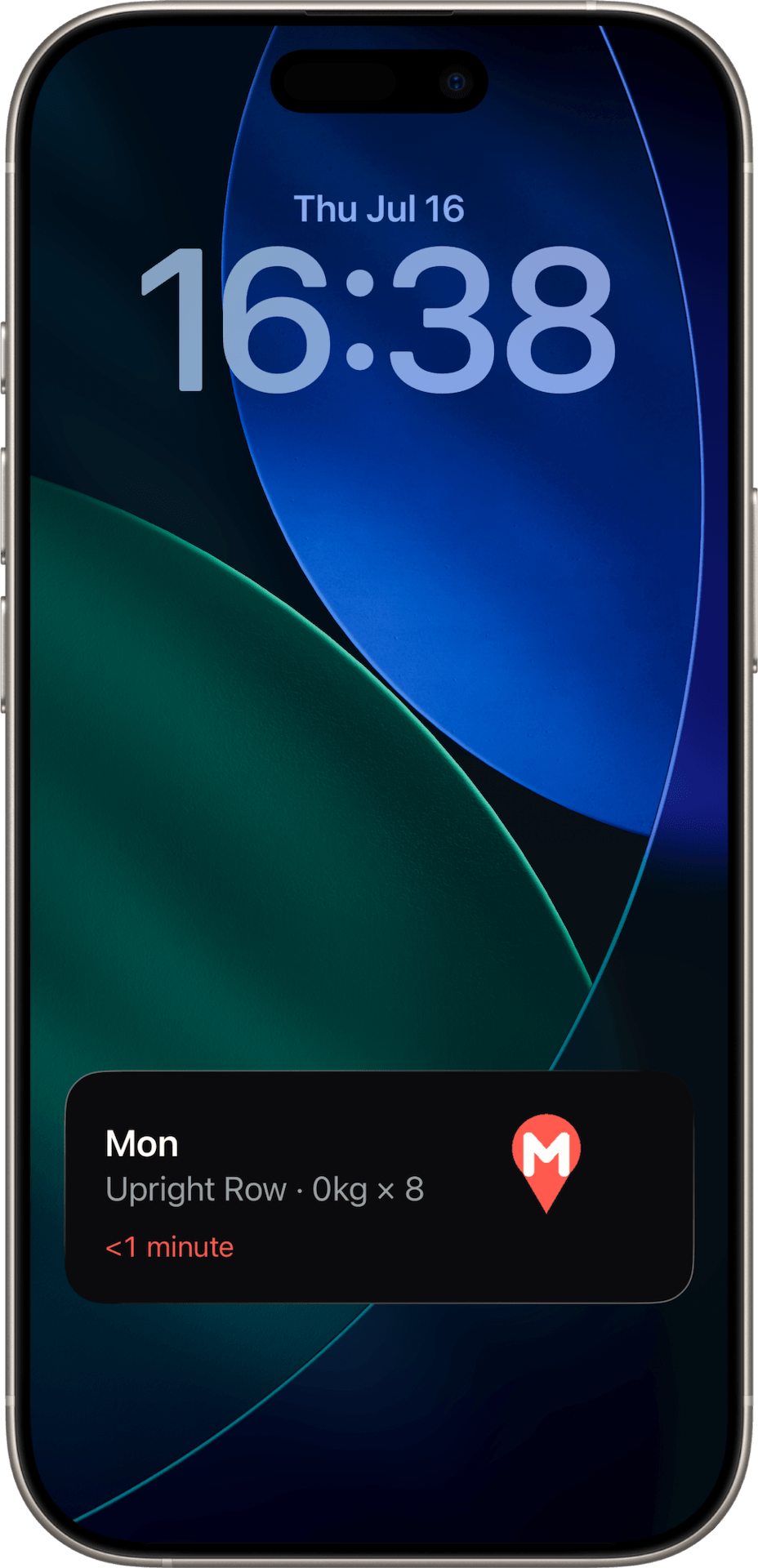 A GyMap workout running as a Live Activity on the iPhone Lock Screen, showing the current exercise and elapsed time
