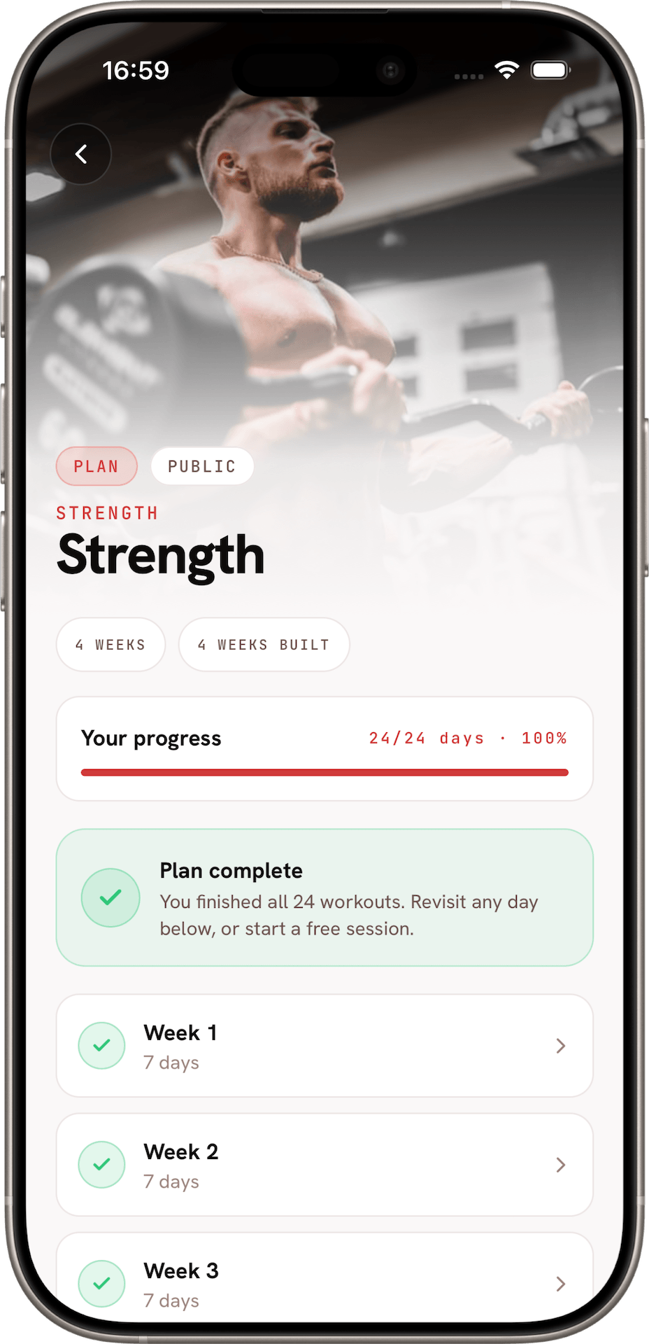 A completed GyMap training plan showing full-bleed photography, progress and week-by-week breakdown