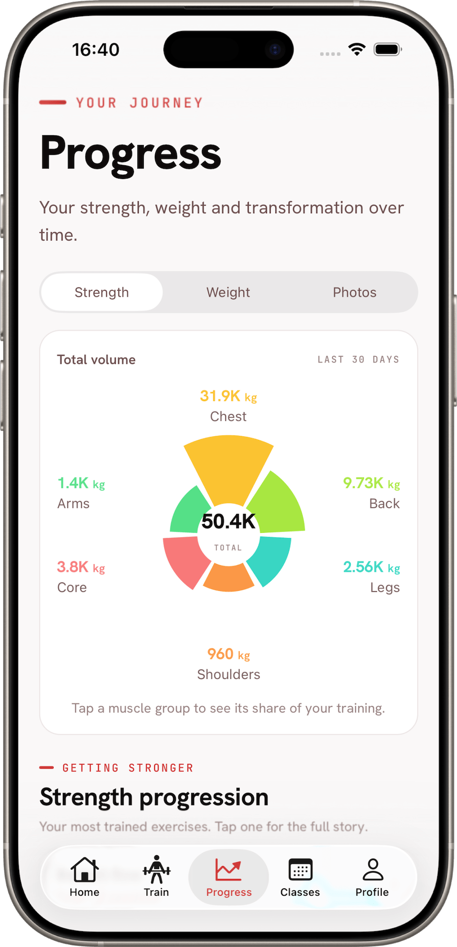 The progress screen showing total training volume split by muscle group
