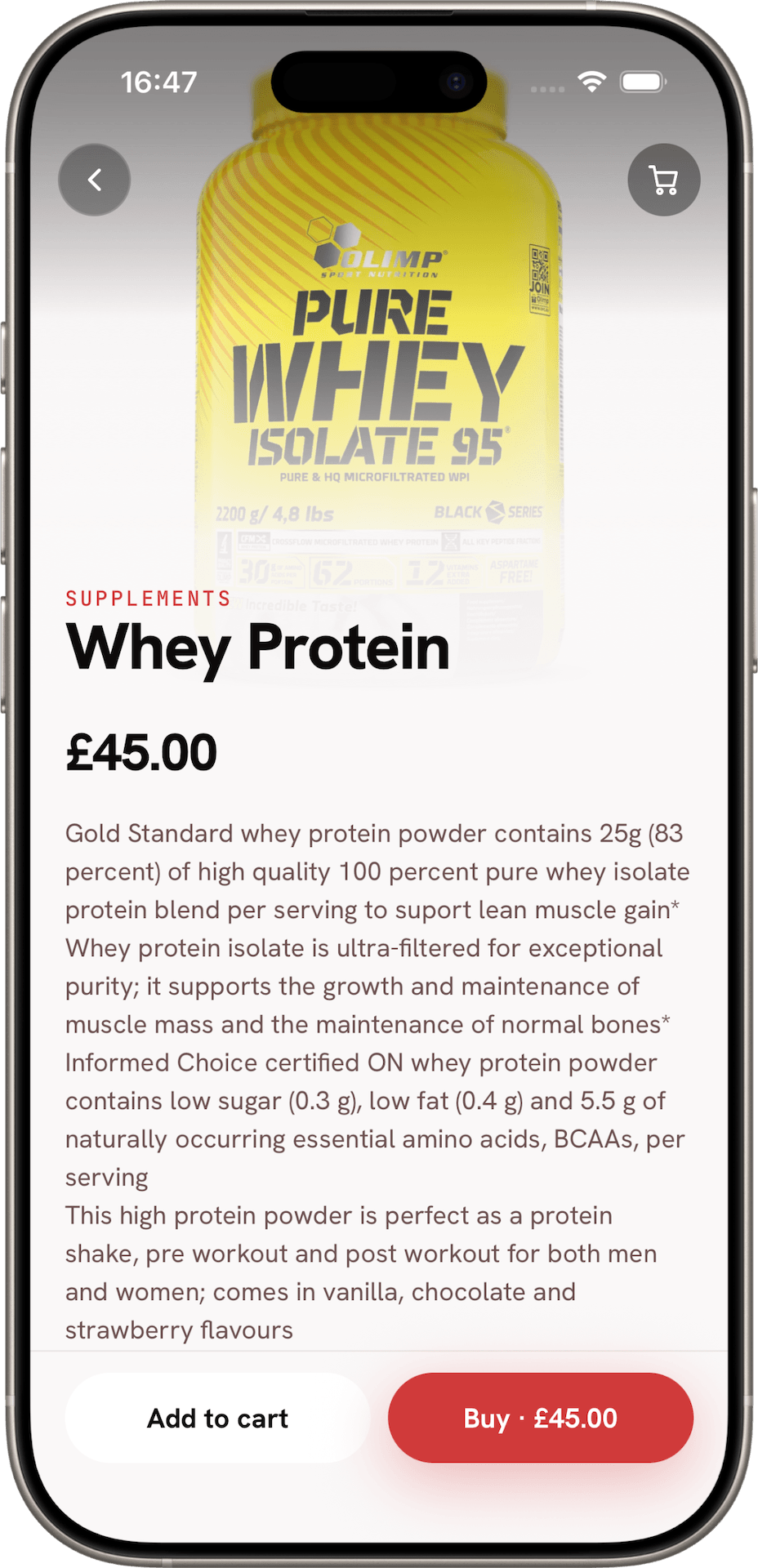 A product page in the gym shop showing Whey Protein at £45 with Add to cart and Buy buttons