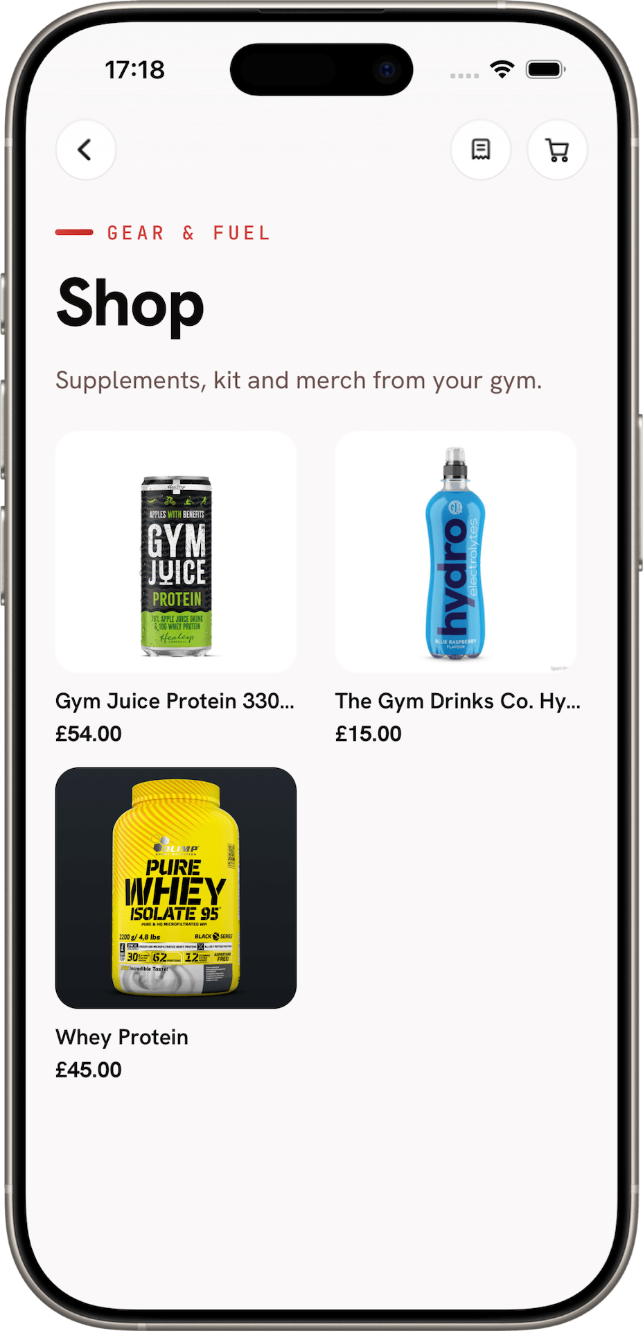 The in-app gym shop showing supplements and drinks with prices
