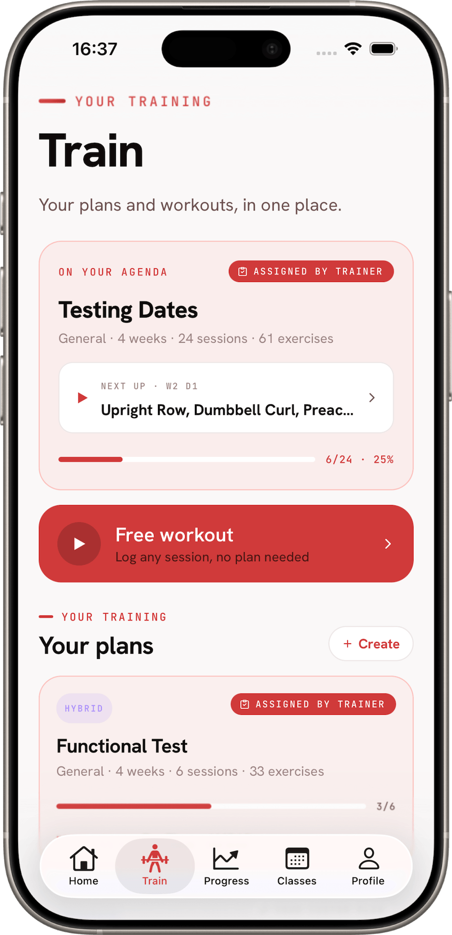 The GyMap member app showing today's assigned plan, next session and training progress